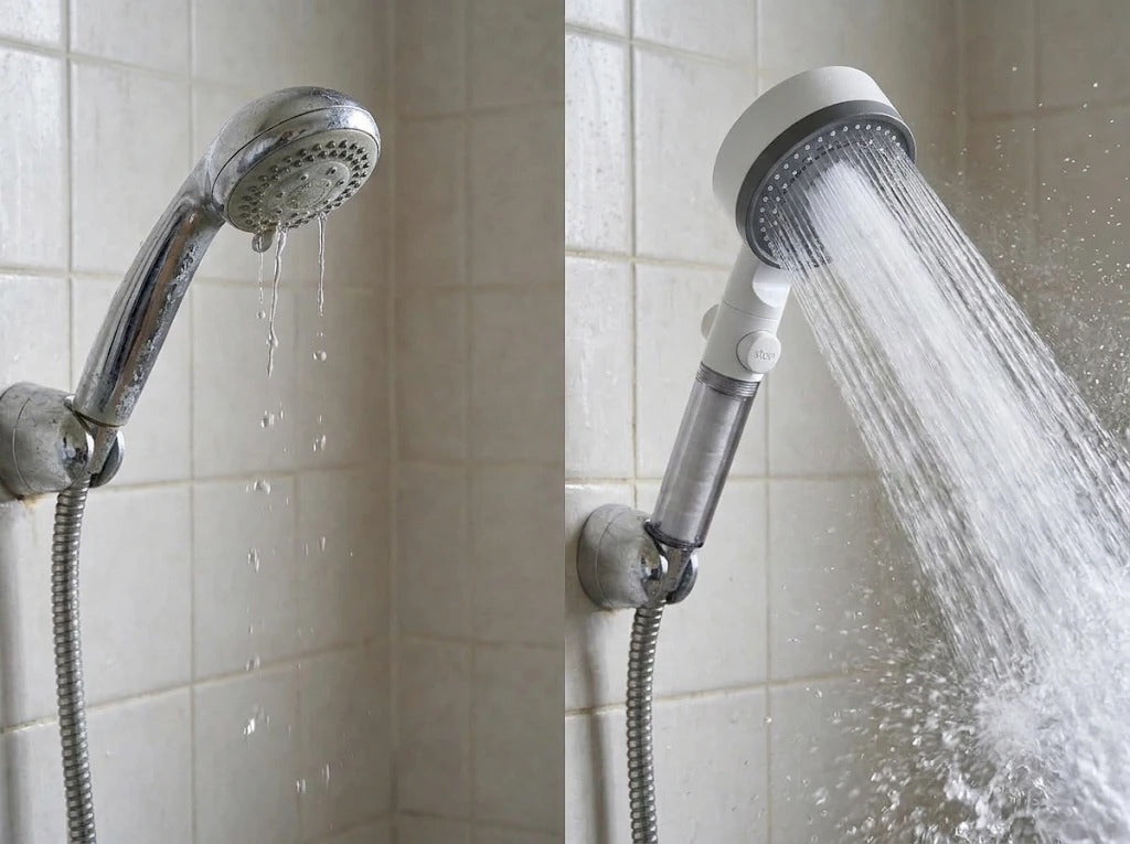 Una alcachofa vieja que gotea junto a la ducha Brumiaqua con un chorro potente